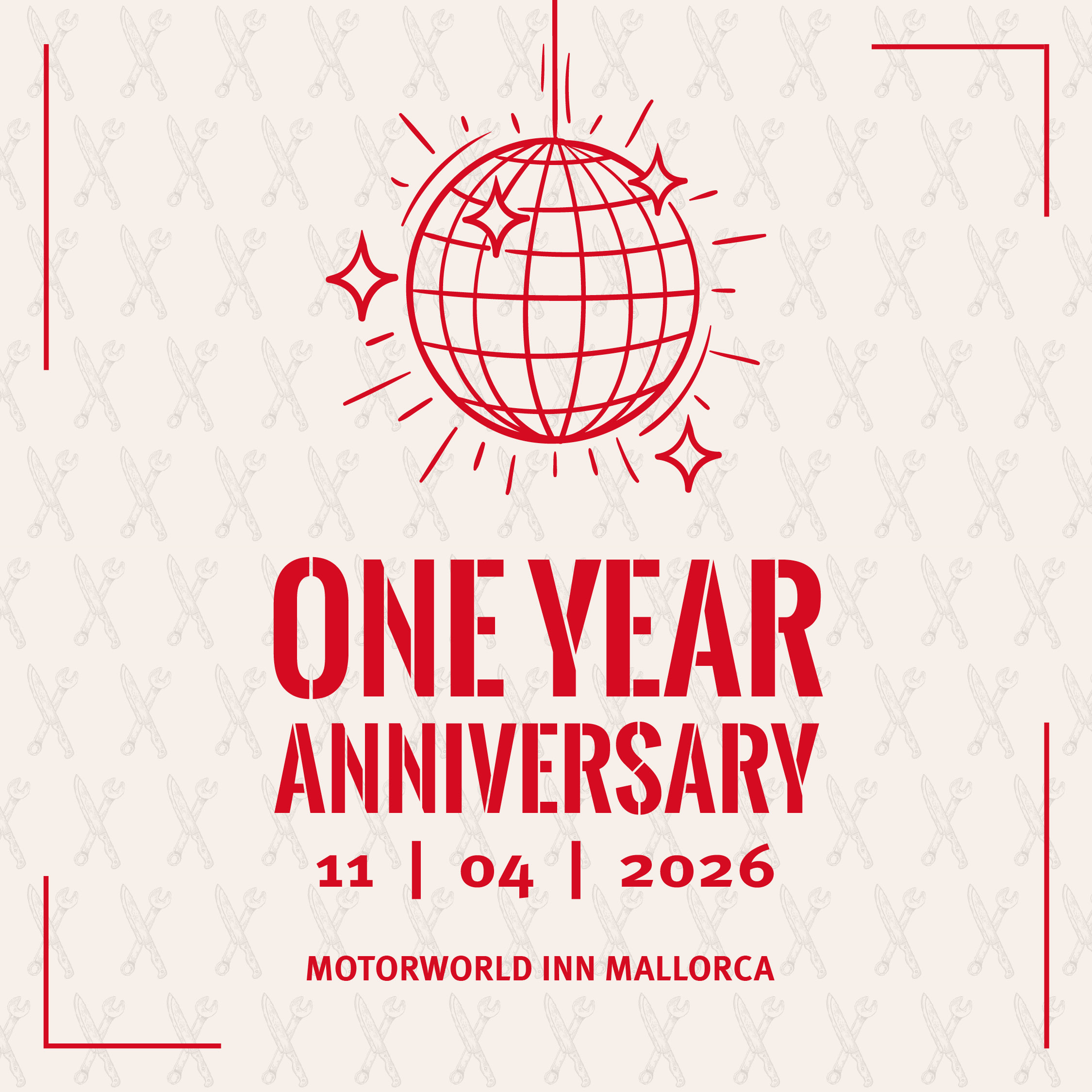 Rotes Jubiläums-Plakat mit Discokugel, großer Schrift "ONE YEAR ANNIVERSARY", Datum 11|04|2026 und Ort Motorworld Inn Mallorca.