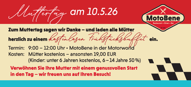Poster zur Muttertagsaktion von MotoBene mit Einladung zu kostenlosem Frühstücksbuffet am 10.5.26, Uhrzeit, Kosteninfo und Logo.