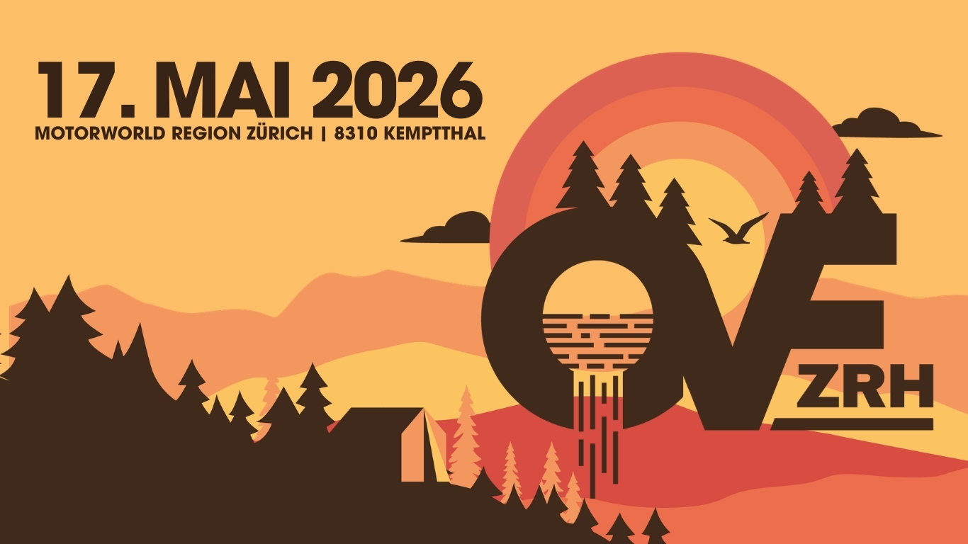 Plakat mit Datum 17. Mai 2026, stilisierte Landschaft mit Tannen, Sonnenuntergang und großem OV-Logo, Standort Motorworld Zürich Kemptthal.