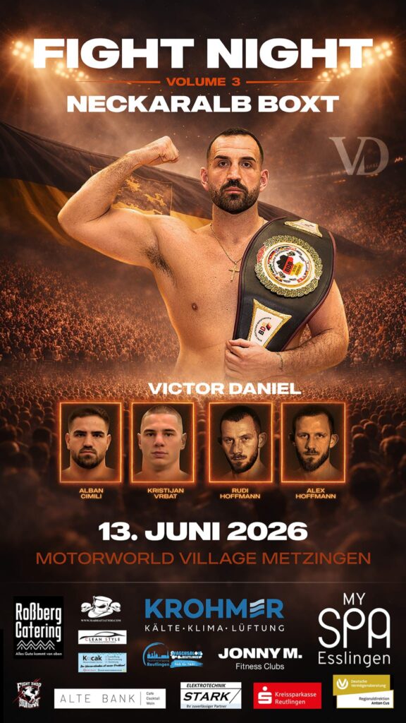 Boxplakat mit muskulösem Kämpfer Victor Daniel, Gürtel, Veranstaltungsdetails und Porträts weiterer Boxer.