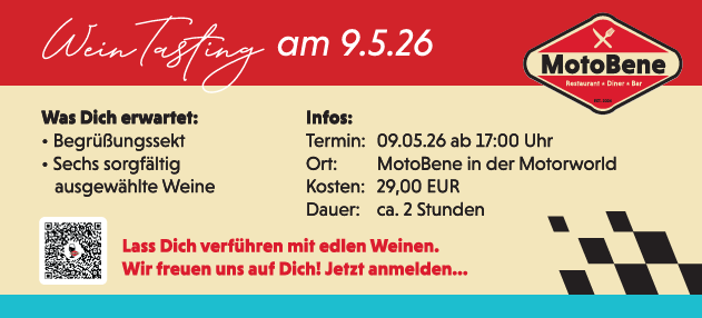 Werbebanner für WeinTasting am 9.5.26 bei MotoBene mit Infos zu Datum, Ort, Kosten, Programm und Anmeldeaufforderung.
