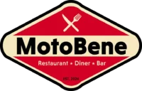 Logo mit rotem Haus-Schild, darüber Gabel und Messer gekreuzt, Schriftzug "MotoBene" und die Unterzeile "Restaurant · Diner · Bar".