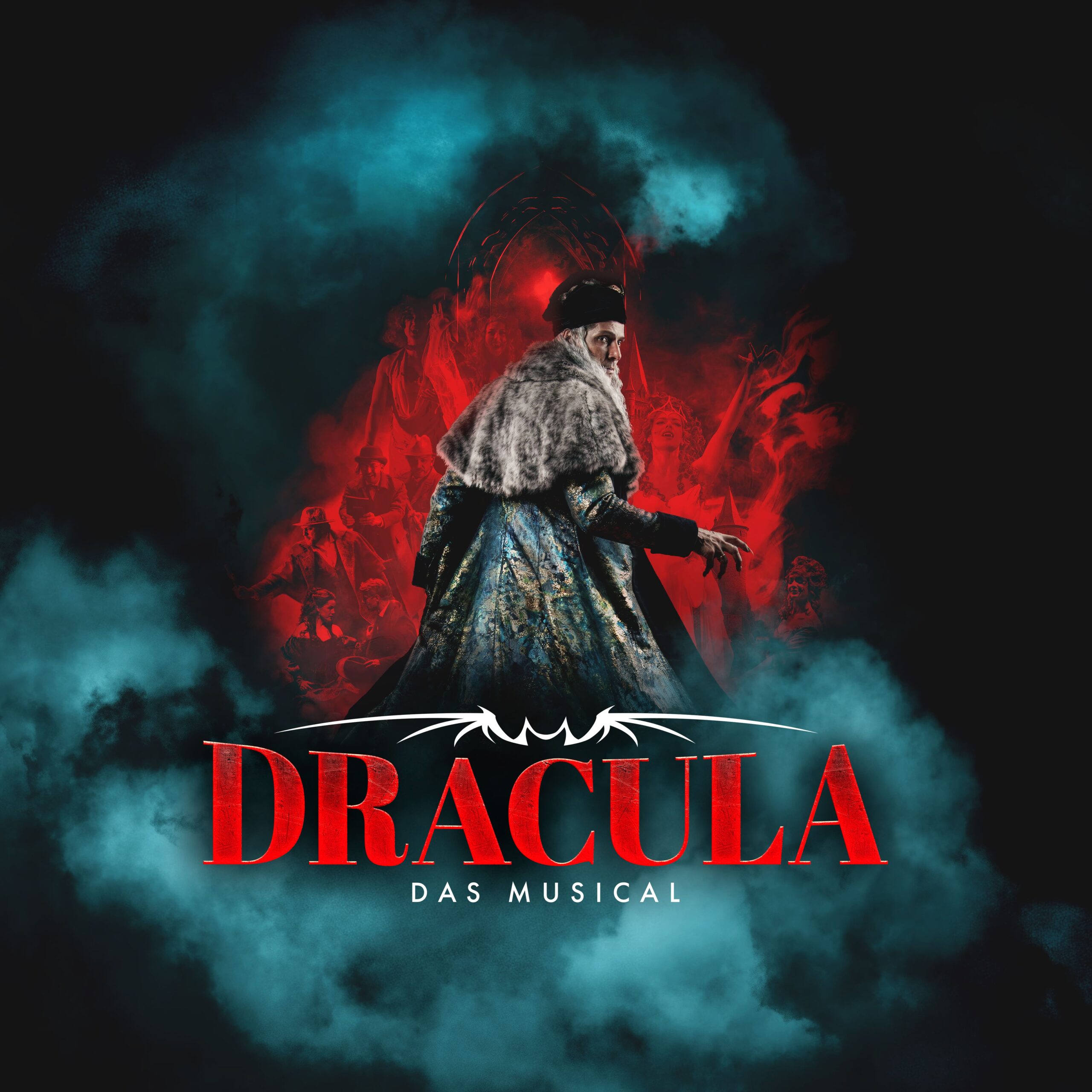 Dramatisches Dracula-Musicalplakat mit rotem und blauem Nebel sowie einer düsteren Figur im Mantel