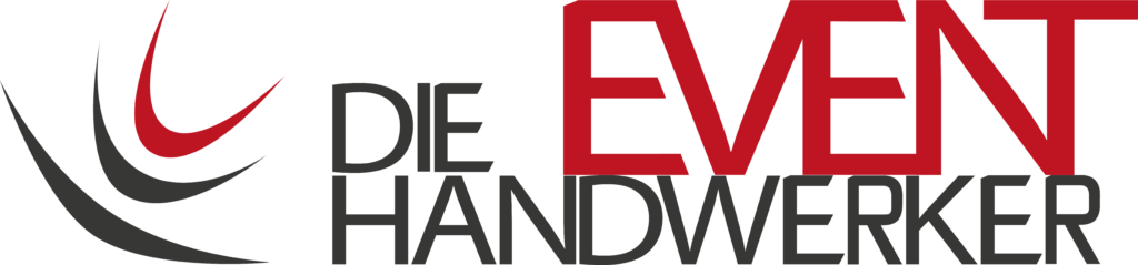 Logo with stylized red and grey swings and the lettering "Die Event Handwerker" in red and dark grey.