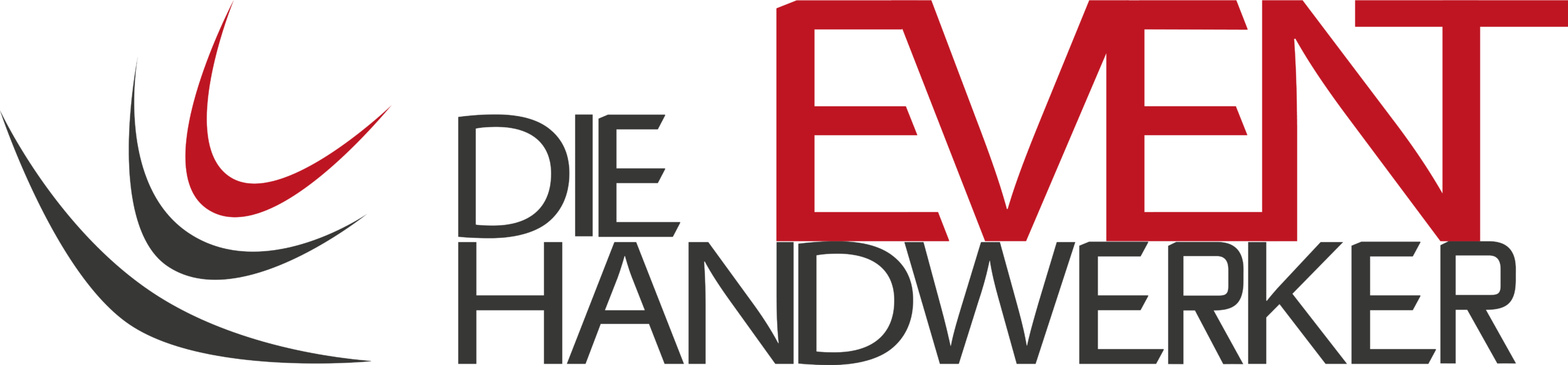 Logo with stylized red and grey swings and the lettering "Die Event Handwerker" in red and dark grey.