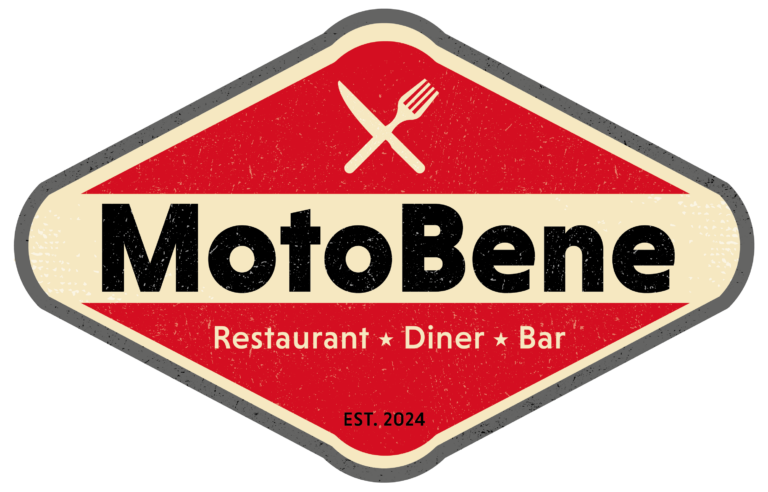 Rot-beiges Retro-Logo mit gekreuztem Messer und Gabel oben und dem Schriftzug "MotoBene" sowie Hinweisen auf Restaurant, Diner, Bar.