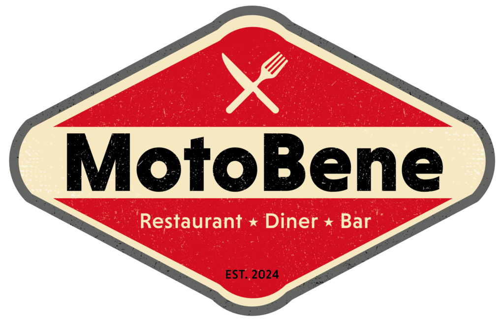 MotoBene logo featuring a knife-and-fork symbol and the text "Restaurant, Diner, Bar, EST." 2024