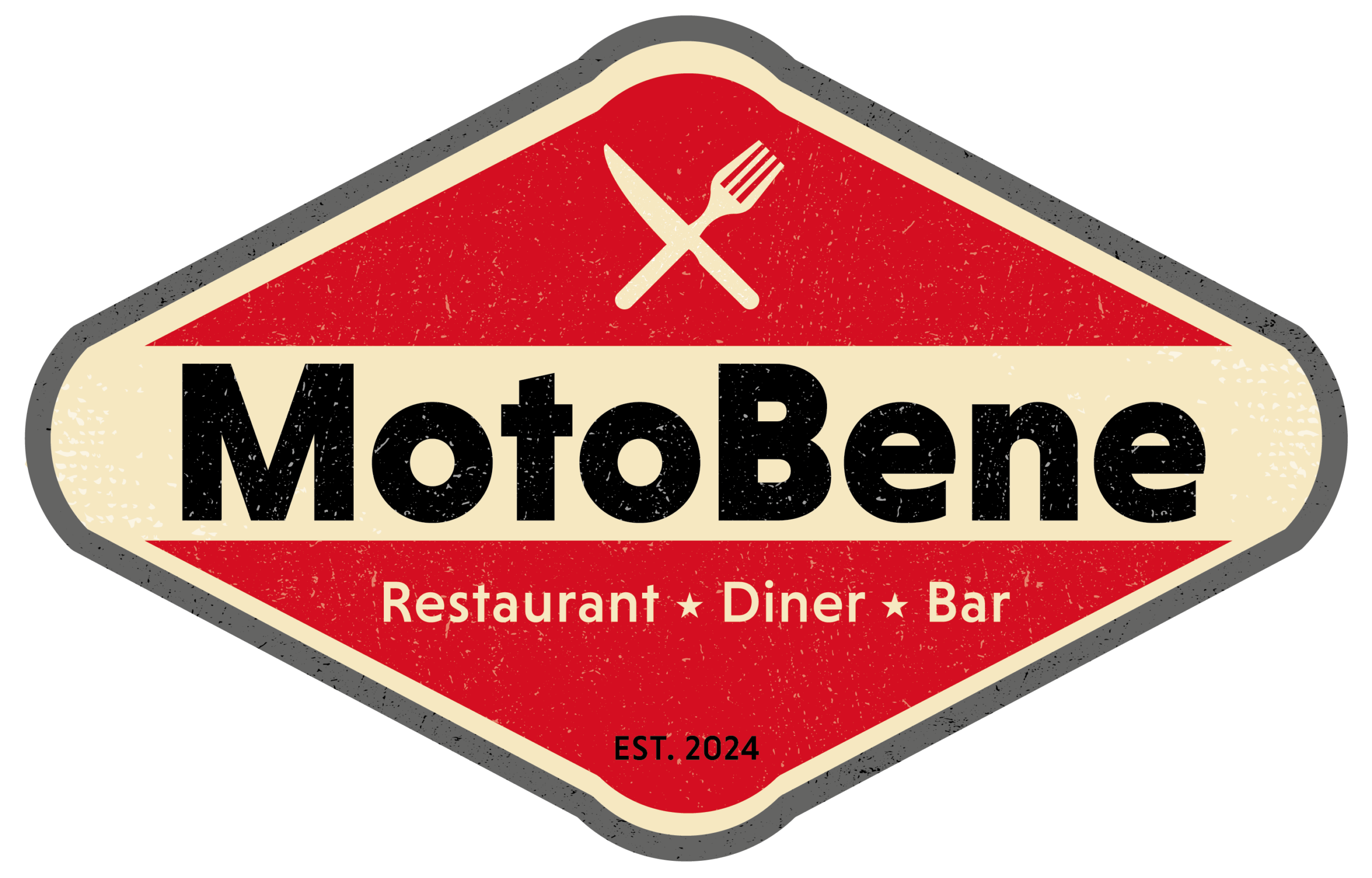 Retro-Logo mit rotem Schild, Besteck-Symbol oben und Schriftzug "MotoBene" sowie Unterzeile Restaurant · Diner · Bar.