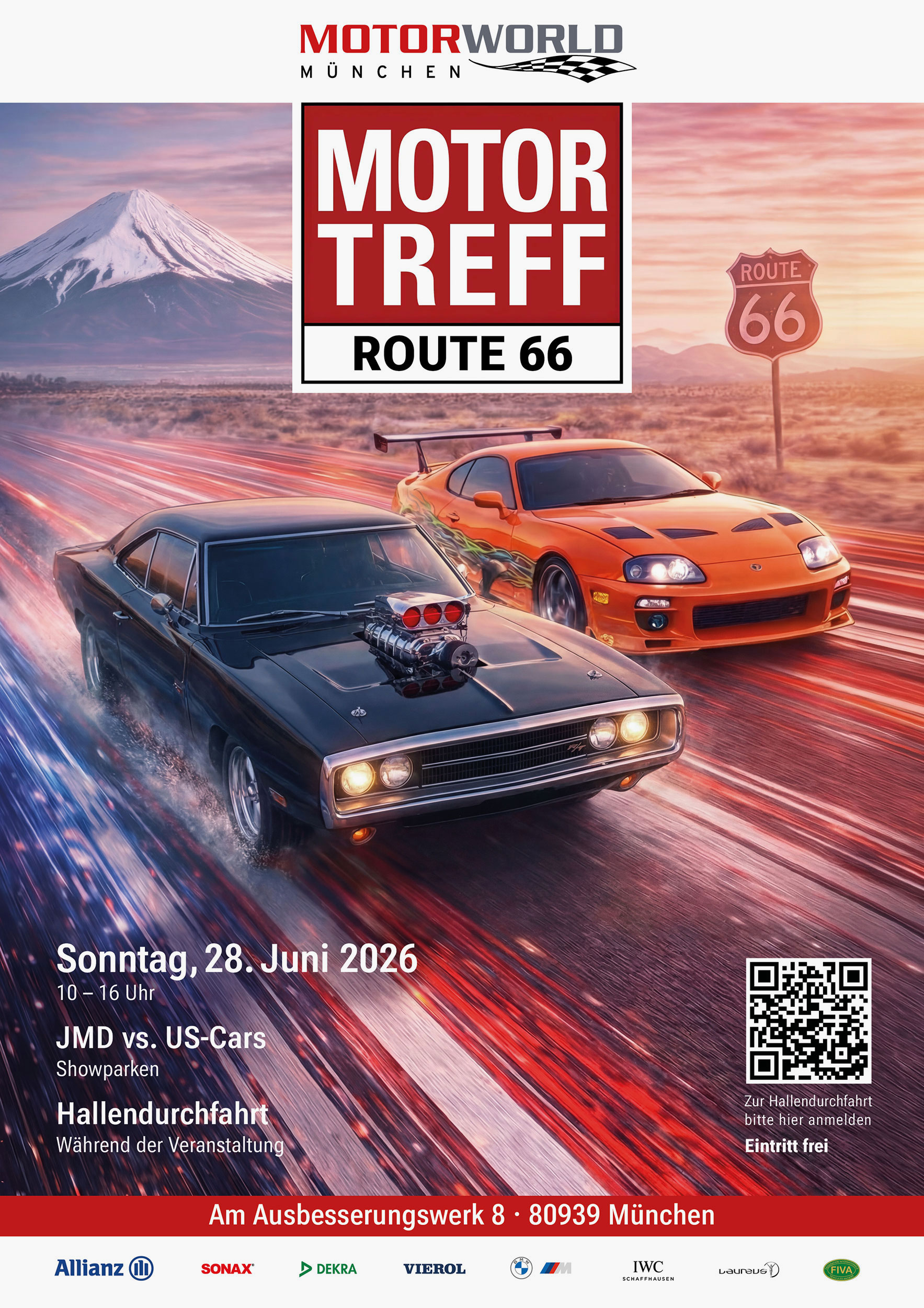 Zwei Rennwagen (schwarz und orange) rasen auf Route-66-Hintergrund mit großem "MOTOR TREFF ROUTE 66"-Logo und Veranstaltungsdaten.