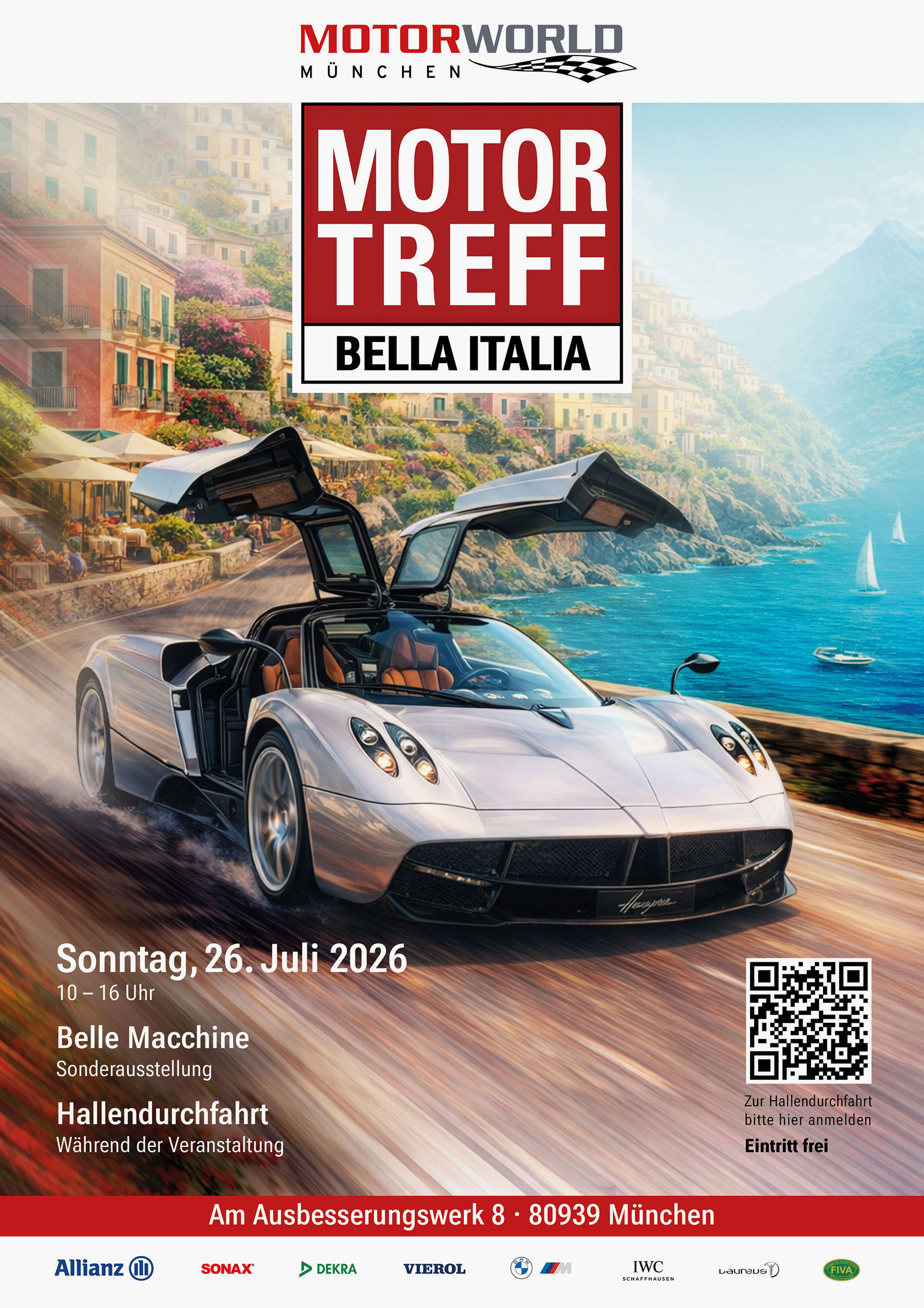 Silberner Supersportwagen mit geöffneten Scherentüren fährt an mediterraner Küstenstraße, darüber MOTOR TREFF Bella Italia Schriftzug