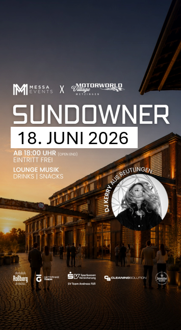 Werbeplakat für den Sundowner am 18. Juni 2026 mit Abendstimmung vor einem Gebäude