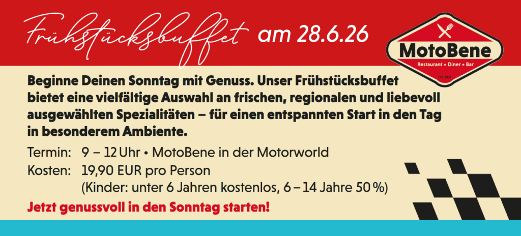 Frühstücksbuffet bei MotoBene am 28.6.26, 9–12 Uhr, 19,90 Euro pro Person