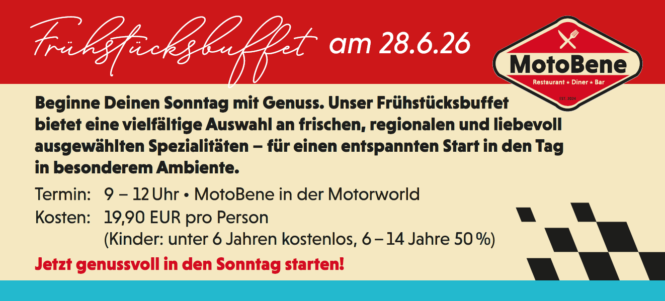 Frühstücksbuffet bei MotoBene am 28.6.26, 9–12 Uhr, 19,90 Euro pro Person