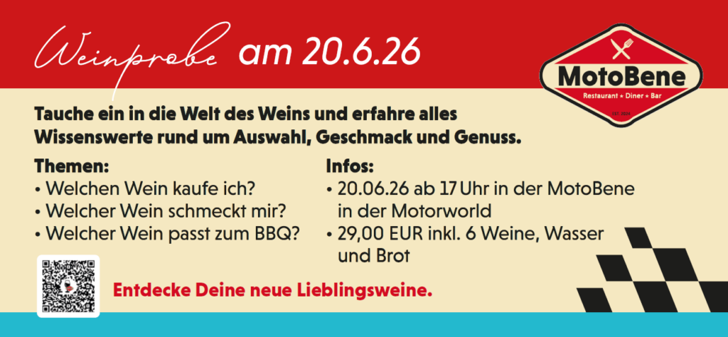 Weinprobe am 20.06.26 bei MotoBene mit Infos zu Wein, Themen und Preis