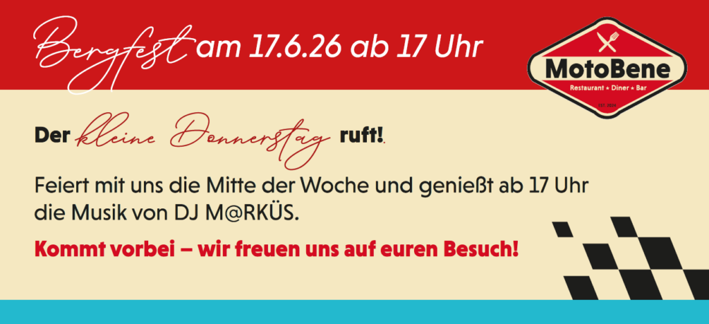 Bergfest-Poster mit Termin am 17.6.26 ab 17 Uhr, MotoBene-Logo und Einladung zur Feier mit DJ M@RKÜS