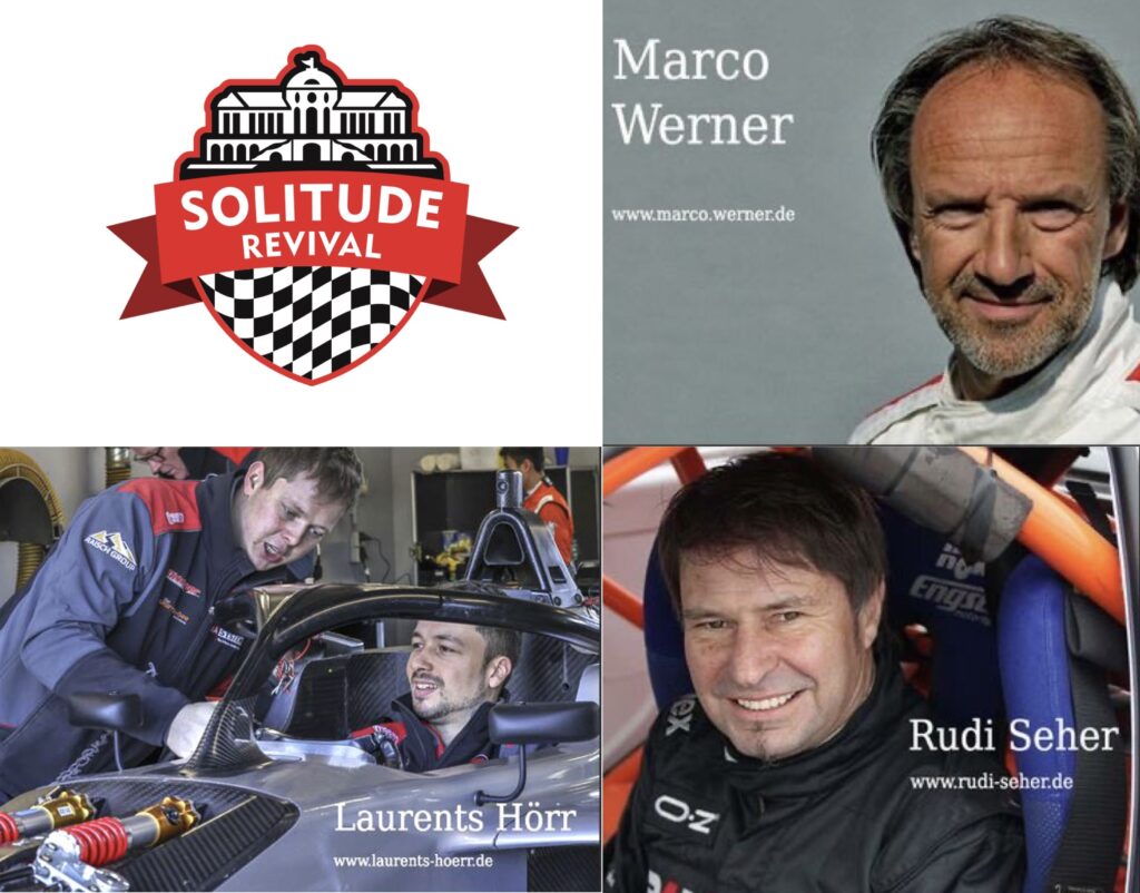 Collage mit Rennfahrern, Solitude-Revival-Logo und Namen Marco Werner, Laurents Hörr und Rudi Seher