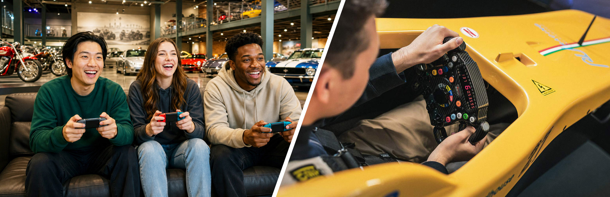Drei junge Menschen auf einer Couch spielen Videospiele vor klassischen Autos; daneben Person am Rennlenkrad in gelbem Formelwagen.