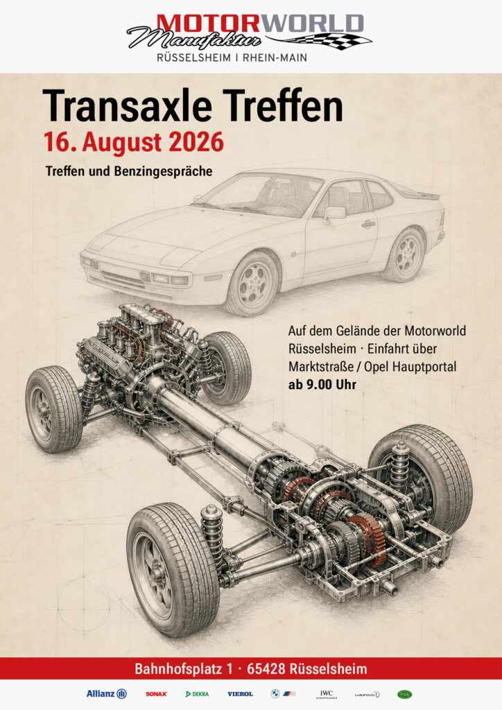 Plakat für ein Transaxle-Treffen am 16. August 2026 in Rüsselsheim mit Autozeichnung und Veranstaltungshinweisen