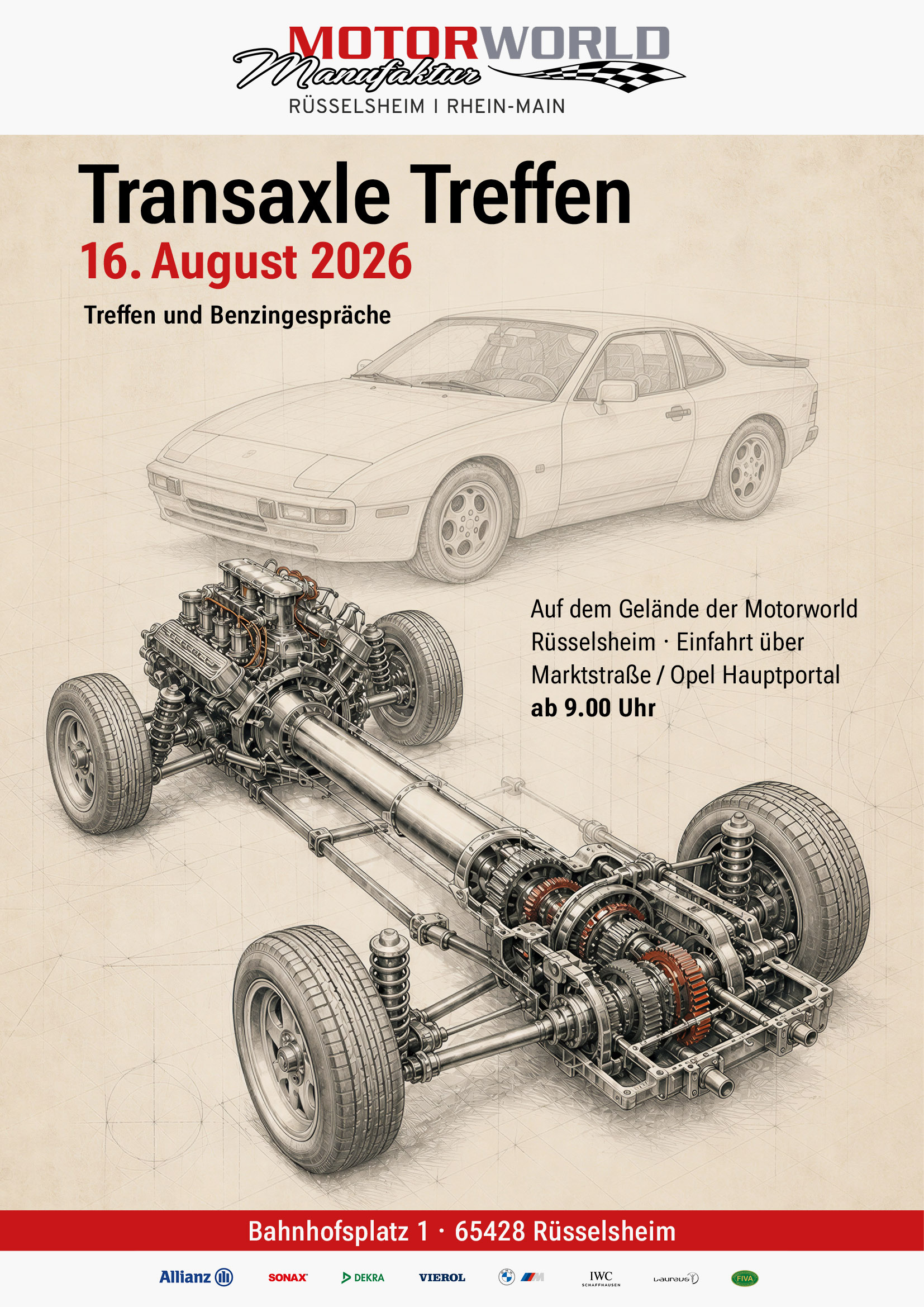 Plakat für ein Transaxle-Treffen am 16. August 2026 in Rüsselsheim mit Autozeichnung und Veranstaltungshinweisen