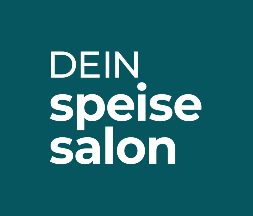 Logo mit der Aufschrift „DEIN speise salon“ auf petrolfarbenem Hintergrund