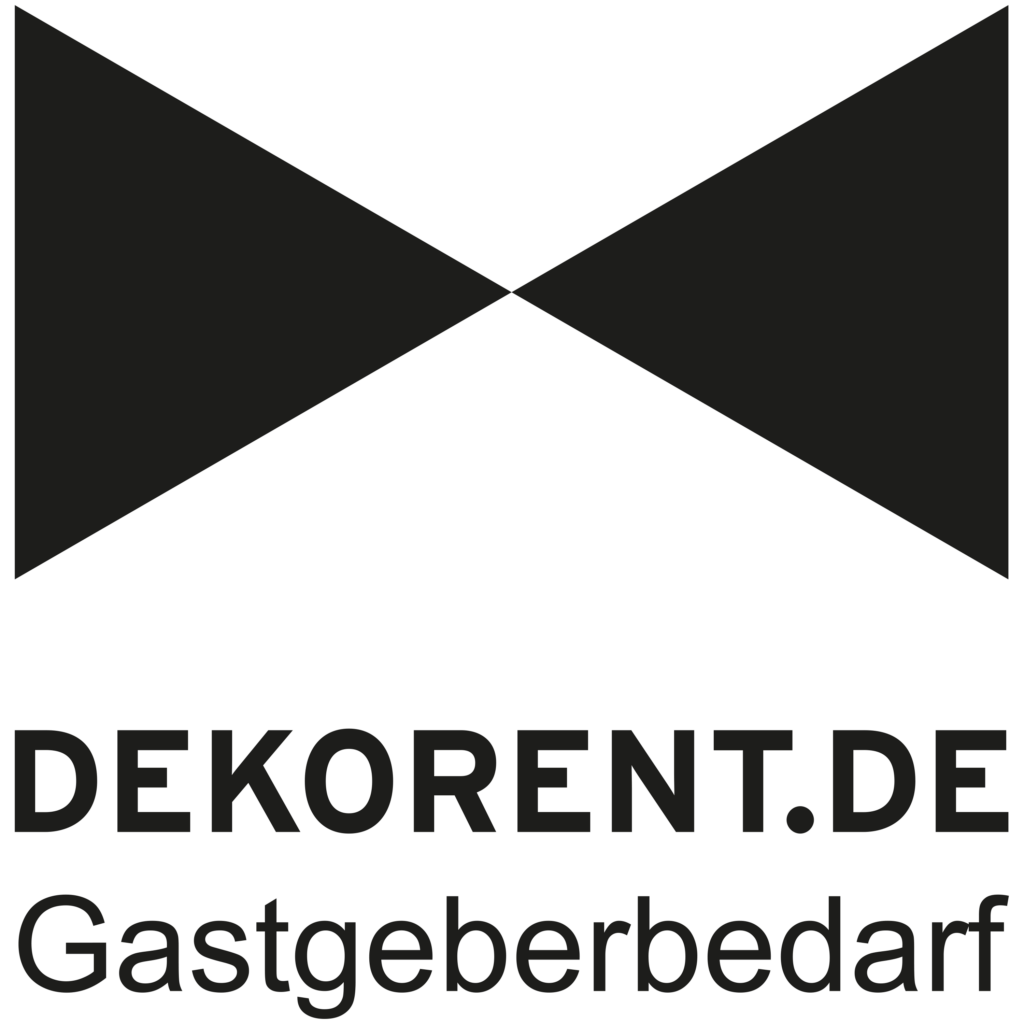 Logo mit dunklem Schriftzug „DEKORENT.DE Gastgeherbedarf“ auf schwarzem Hintergrund