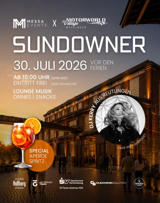 Werbeplakat für das Sundowner-Event am 30. Juli 2026 mit Musik, Drinks und Aperol Spritz