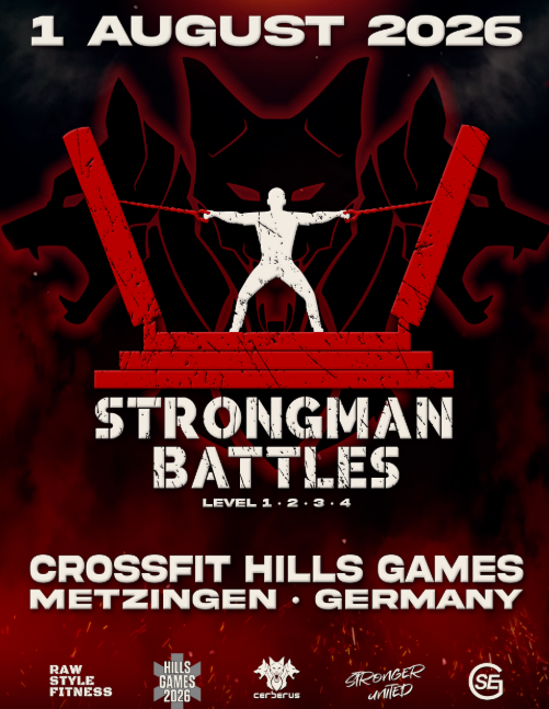 Plakat für die Strongman Battles am 1. August 2026 in Metzingen, Germany, mit rotem Dämonenmotiv und Crossfit Hills Games