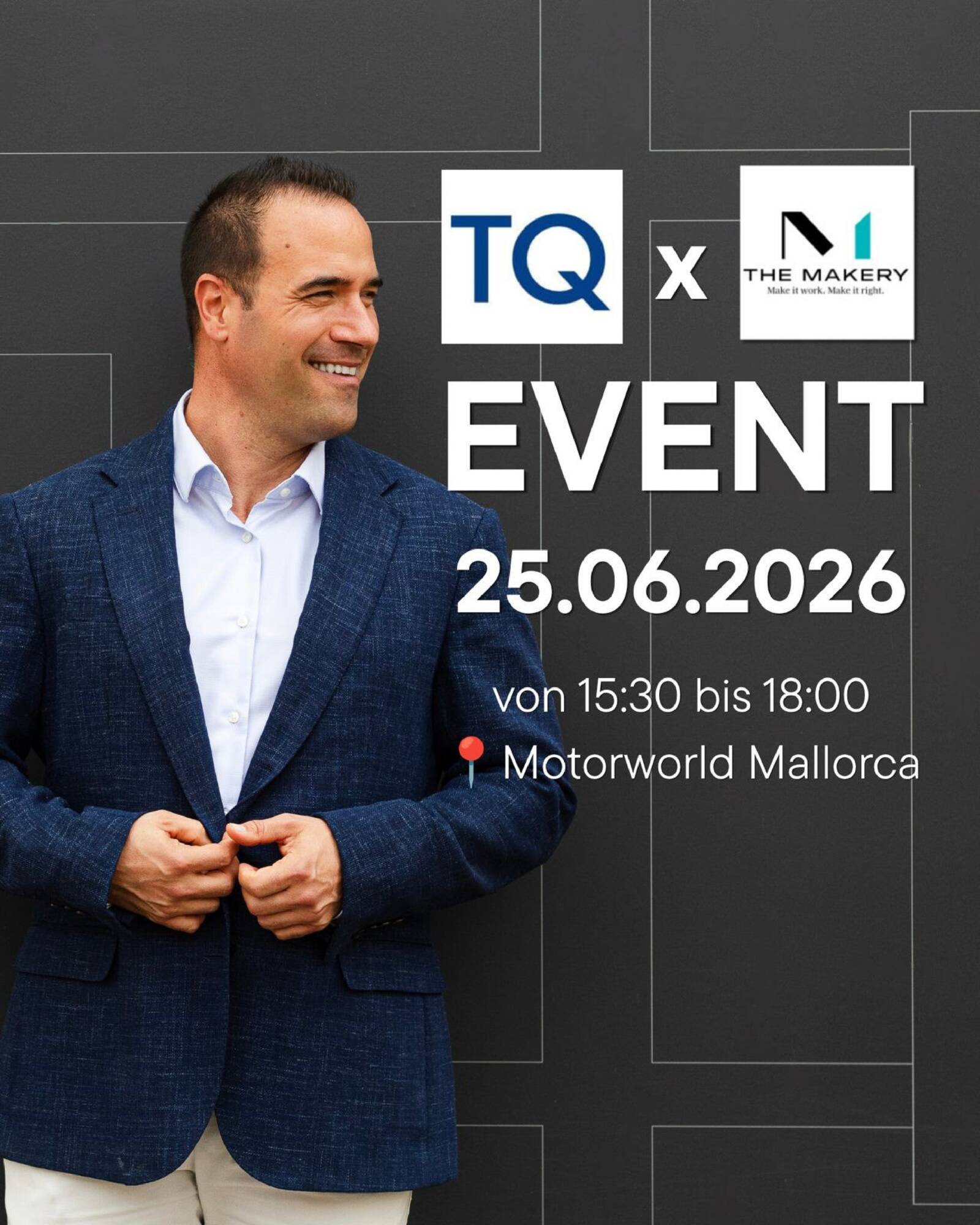 Cartel de evento con hombre en traje, logotipos, fecha 25.06.2026 y ubicación Motorworld Mallorca