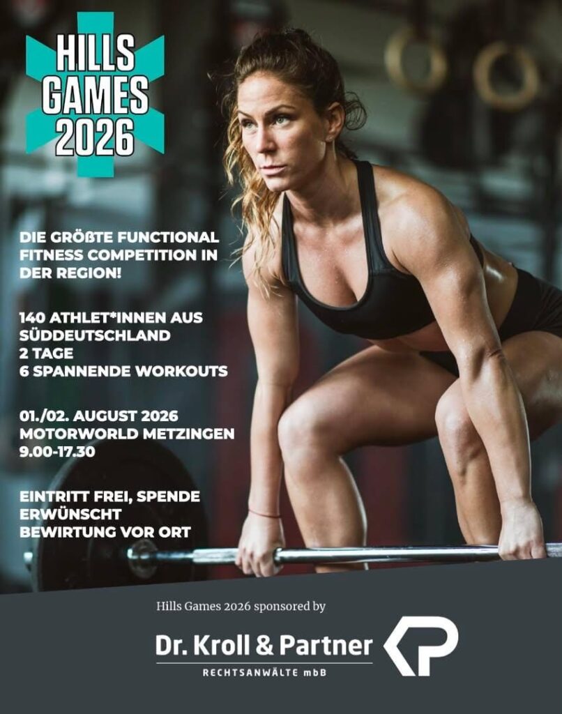Werbeplakat für die Hills Games 2026 mit Sportlerin beim Kreuzheben und Veranstaltungsinfos