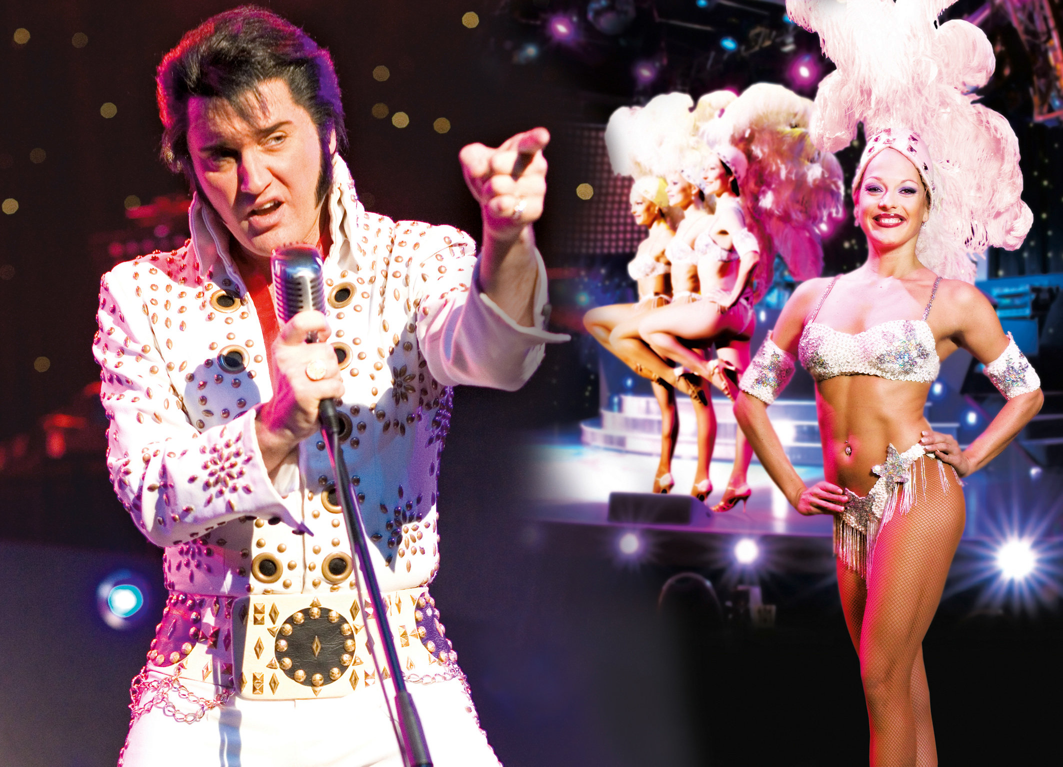Elvis-Imitator auf der Bühne neben einer Tänzerin im Showkostüm