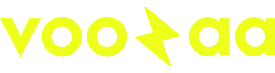 Leuchtend gelbes „voodoo“-Logo mit Blitzsymbol auf schwarzem Hintergrund