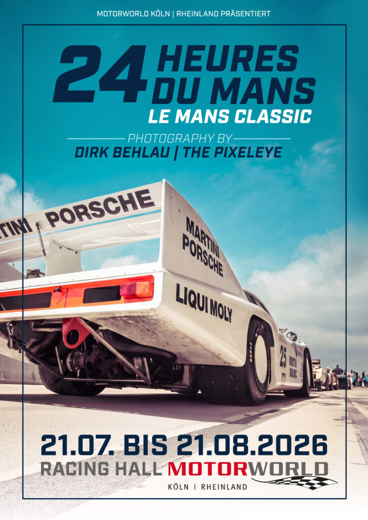 Plakat für die 24 Stunden von Le Mans Classic mit Porsche-Rennwagen und Veranstaltungsdaten
