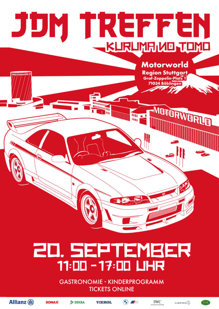 Roter Event-Poster mit Sportwagen, Motorworld Stuttgart und Termin am 20. September, 11 bis 17 Uhr