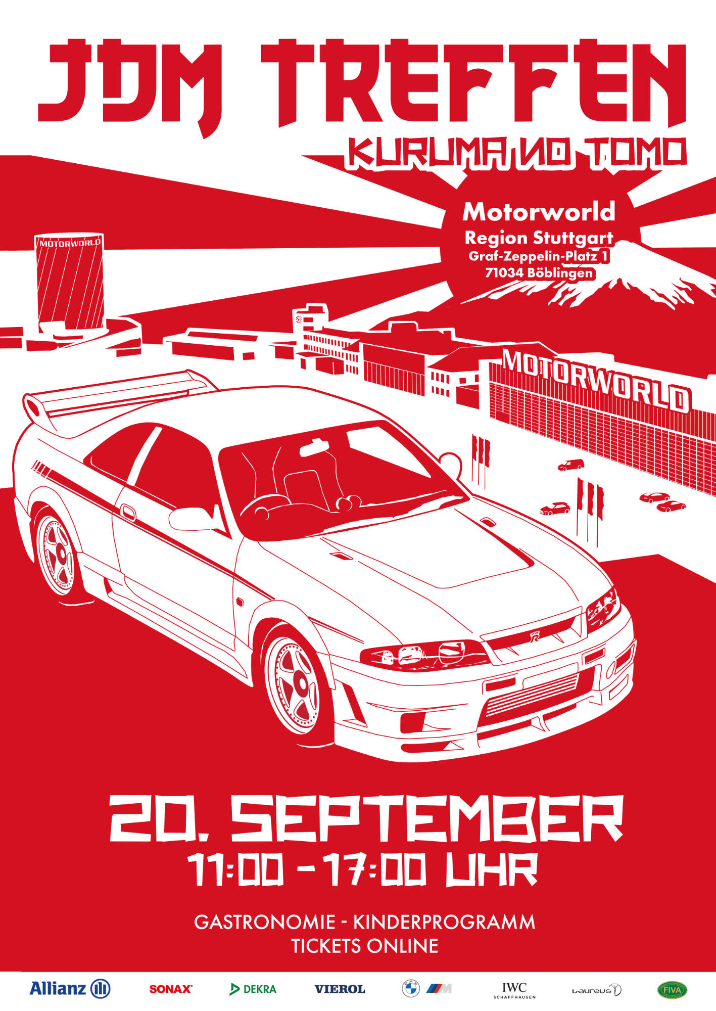 Roter Event-Poster mit Sportwagen, Motorworld Stuttgart und Termin am 20. September, 11 bis 17 Uhr