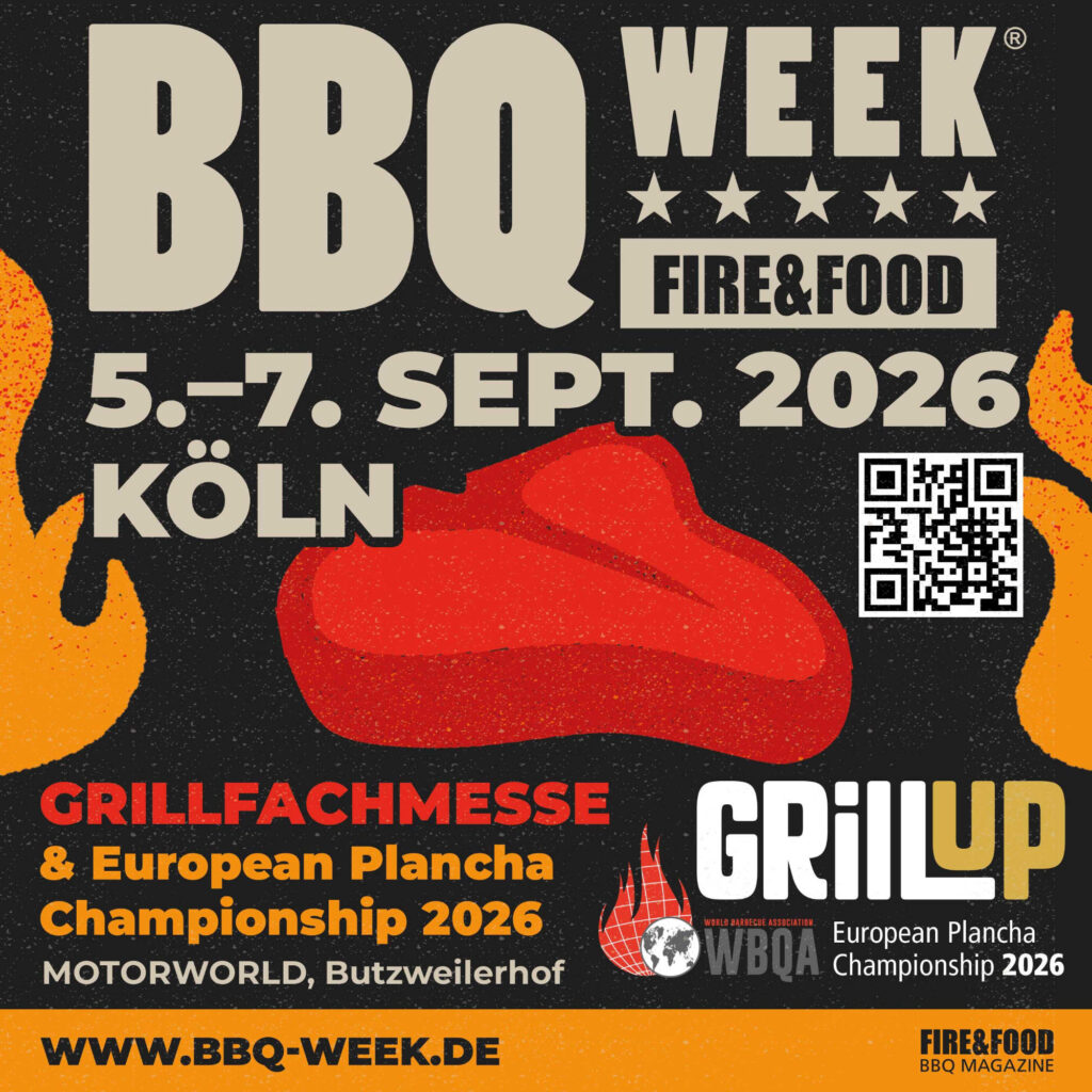 Werbeplakat für die BBQ Week in Köln mit Grillfachmesse, Plancha Championship und Termin 5.–7. Sept. 2026