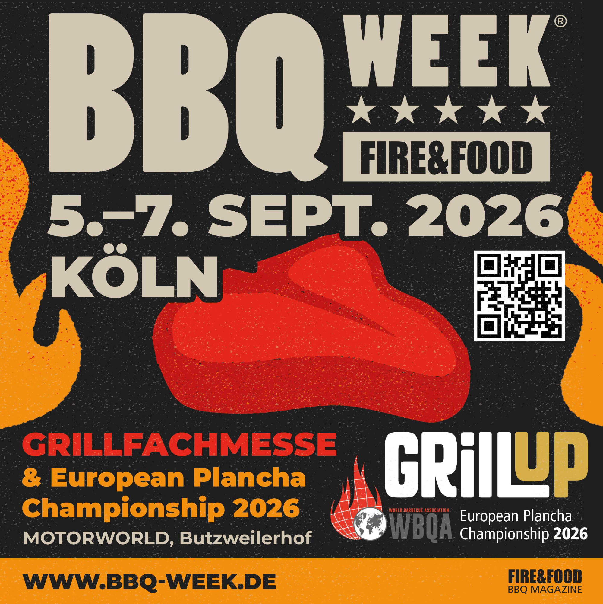 Werbeplakat für die BBQ Week in Köln mit Grillfachmesse, Plancha Championship und Termin 5.–7. Sept. 2026