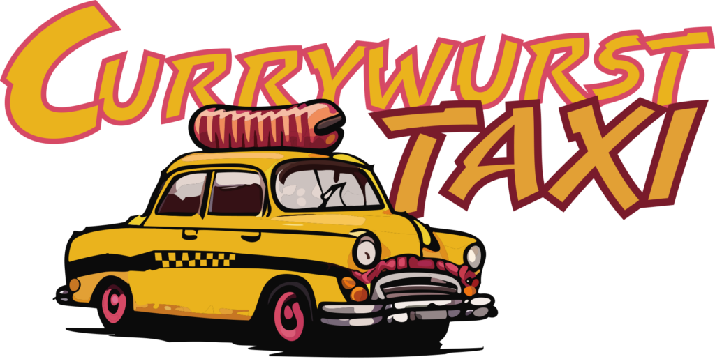Colorful taxi with the words "Currywurst Taxi" on it