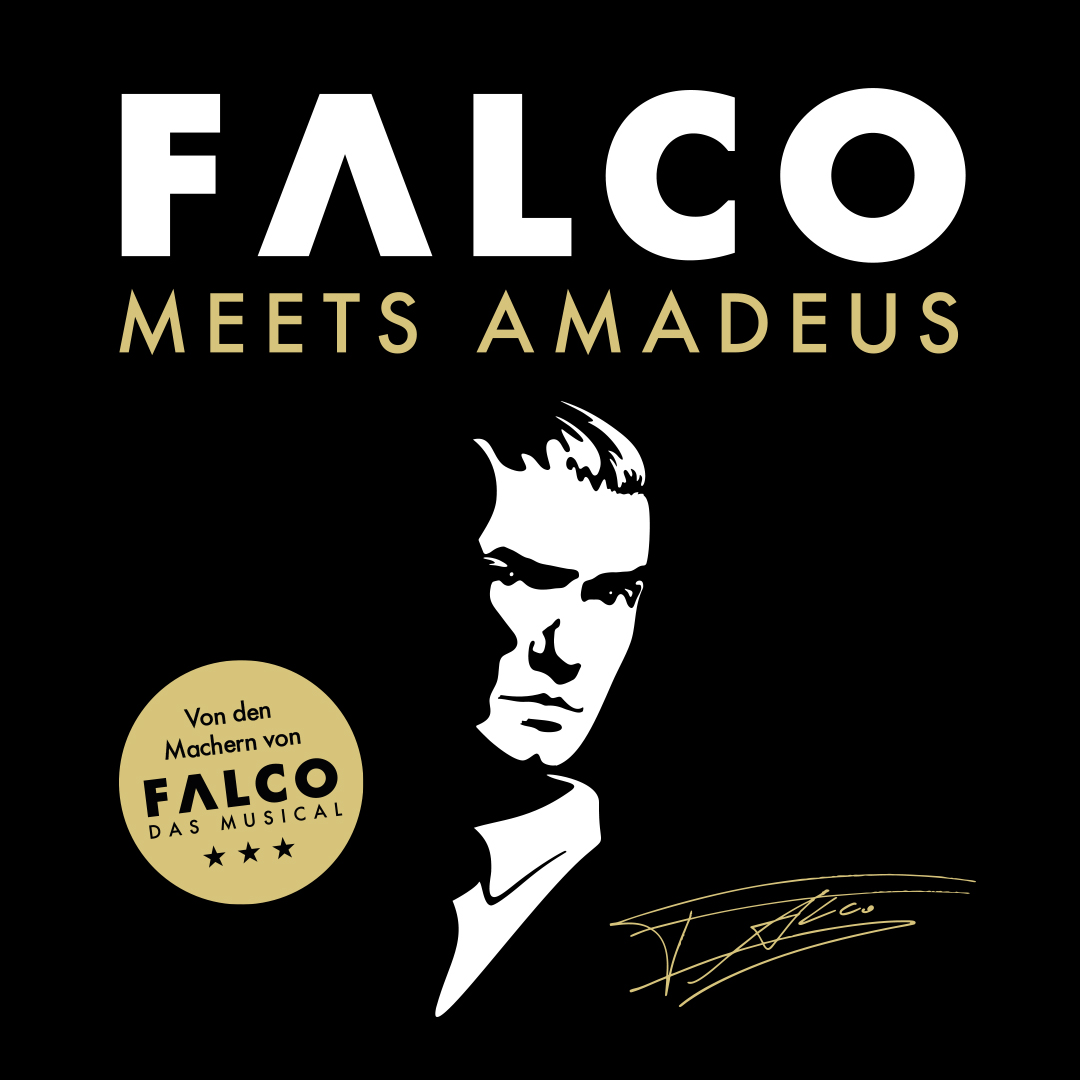 Plakat mit der Aufschrift „FALCO MEETS AMADEUS“ und stilisiertem Porträt vor schwarzem Hintergrund
