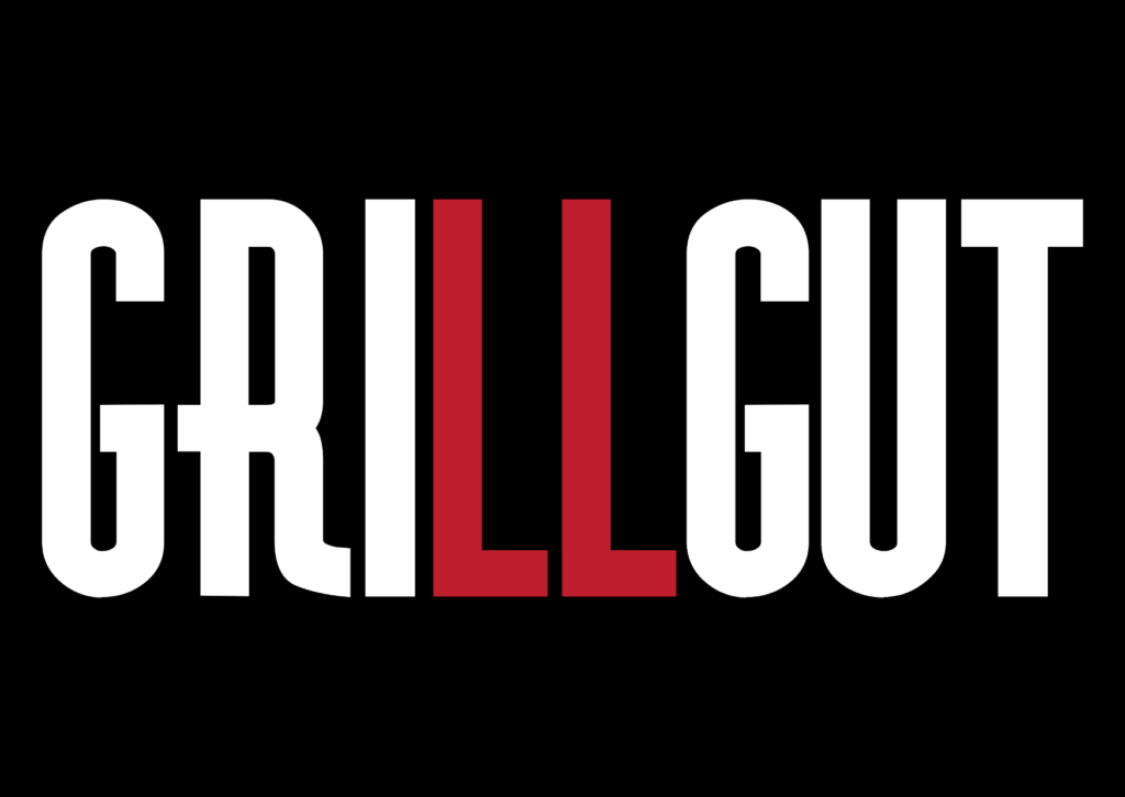 Logo mit dem Wort „GRILLGUT“ in Weiß und Rot auf schwarzem Hintergrund