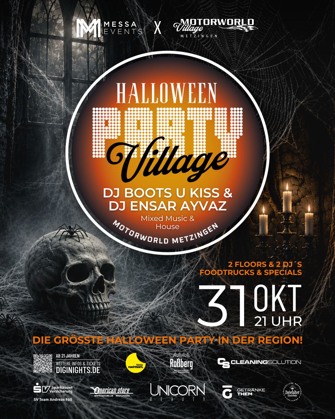 Halloween-Party-Poster mit Totenkopf, Spinnweben und Eventinfos für den 31. Oktober in Metzingen