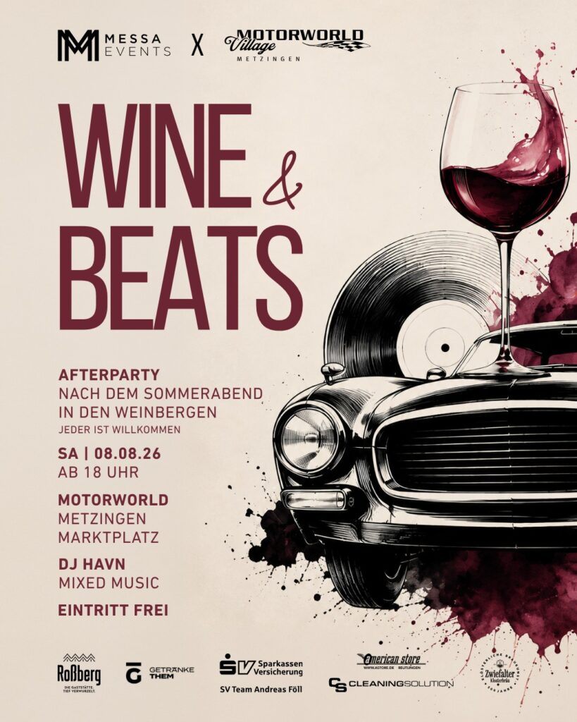 Plakat für „Wine & Beats“-Afterparty mit Wein, Schallplatte und Oldtimer