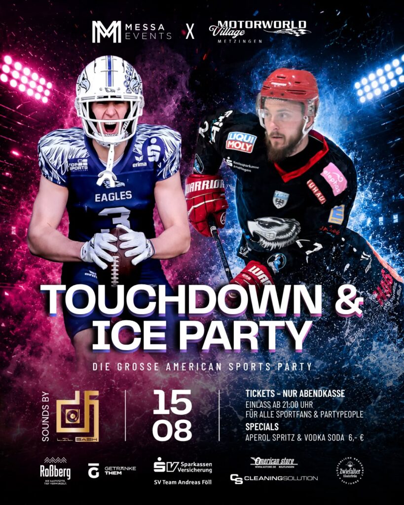 Werbeplakat für die „Touchdown & Ice Party“ mit Football- und Eishockeyspieler, Datum 15.08. und Event-Logos