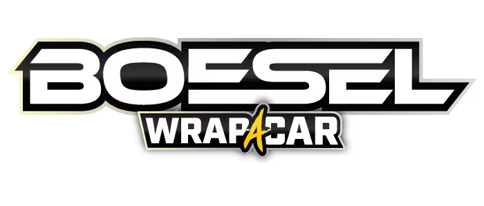 Logo with the text "BOESEL WRAP CAR" in black, white, and yellow