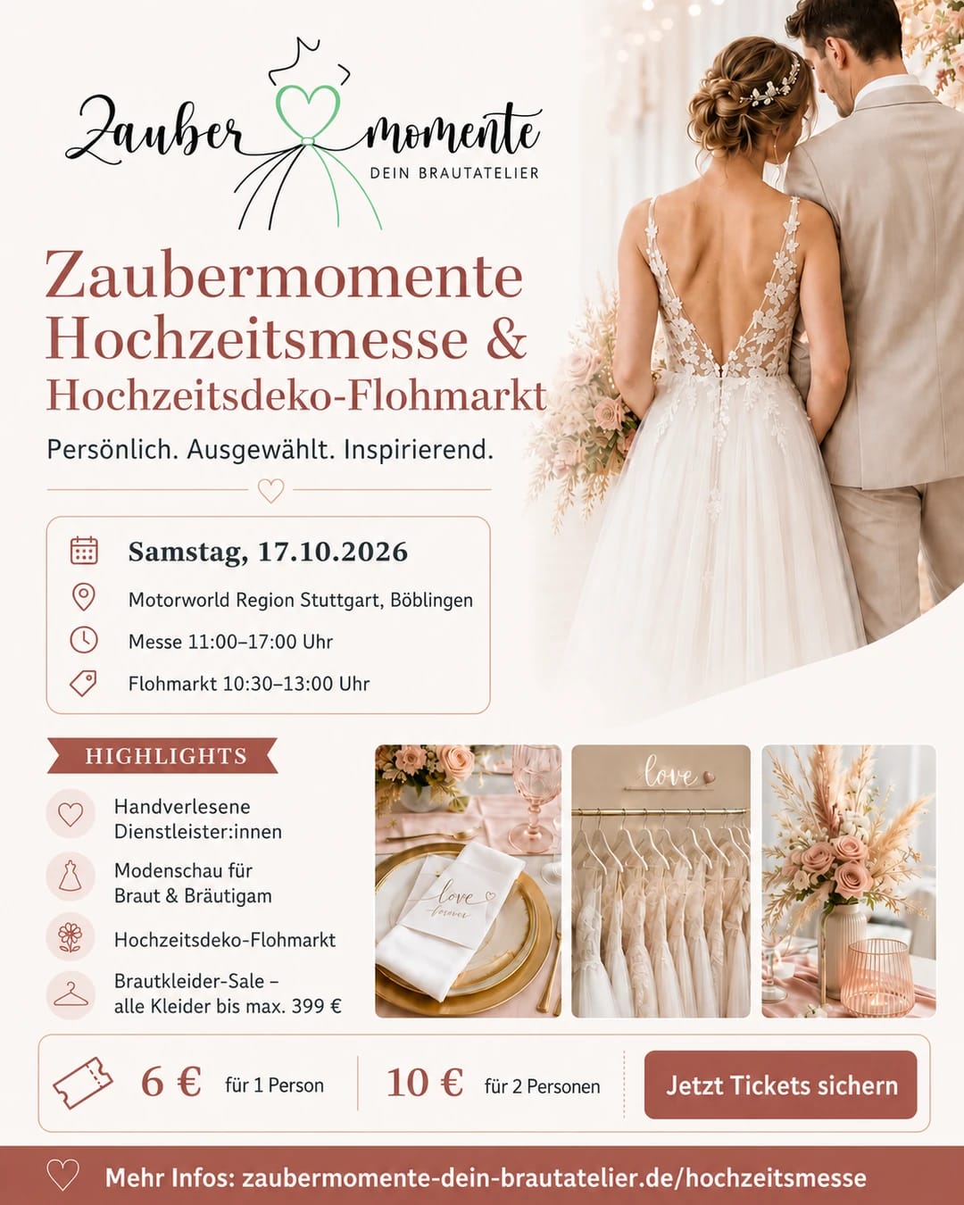 Werbeplakat für die Hochzeitsmesse „Zaubermomente“ mit Brautpaar, Datum, Ort und Ticketinfos