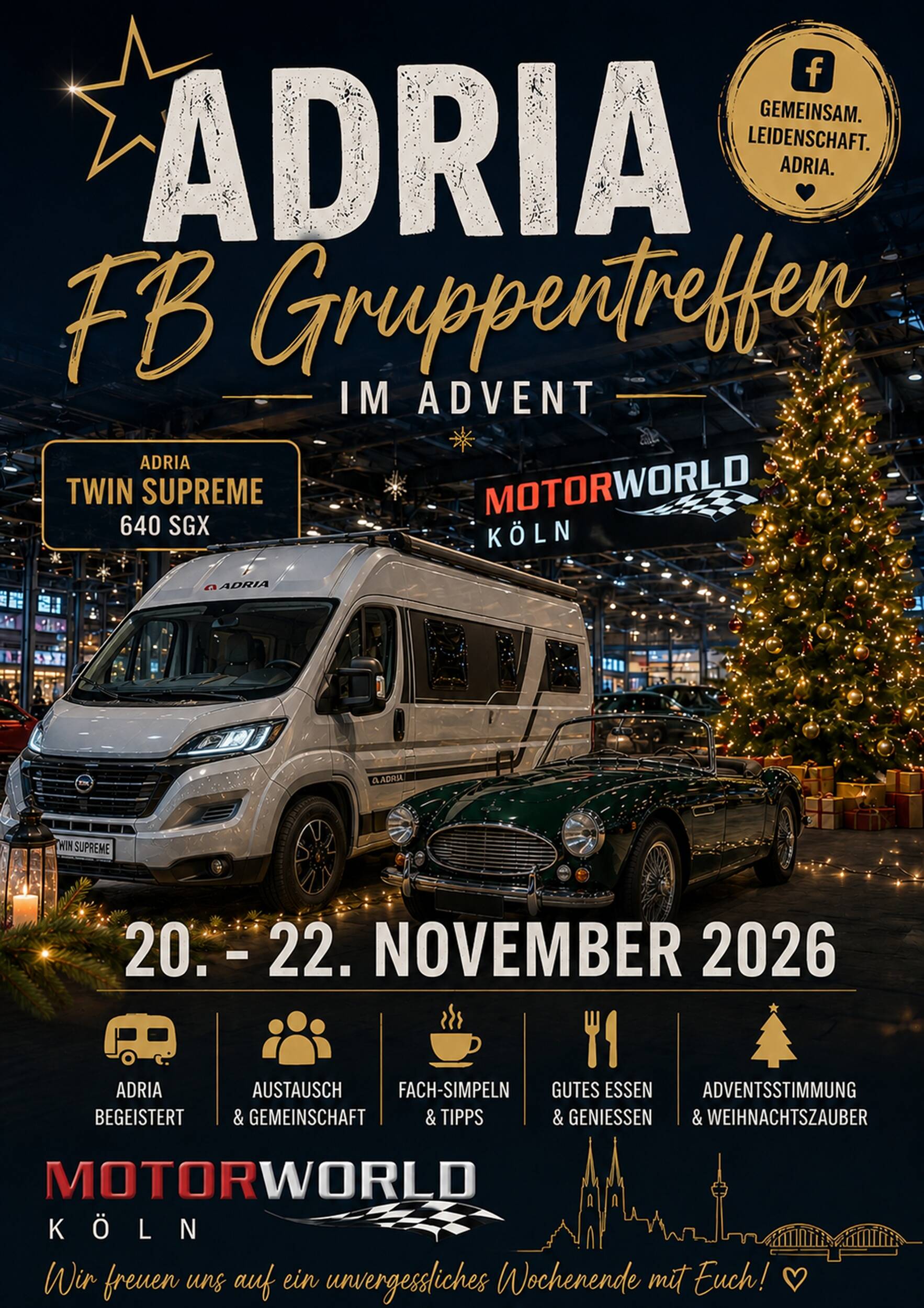 Plakat für das Adria FB Gruppentreffen im Advent mit Wohnmobil, Weihnachtsbaum und Datum 20.–22. November 2026