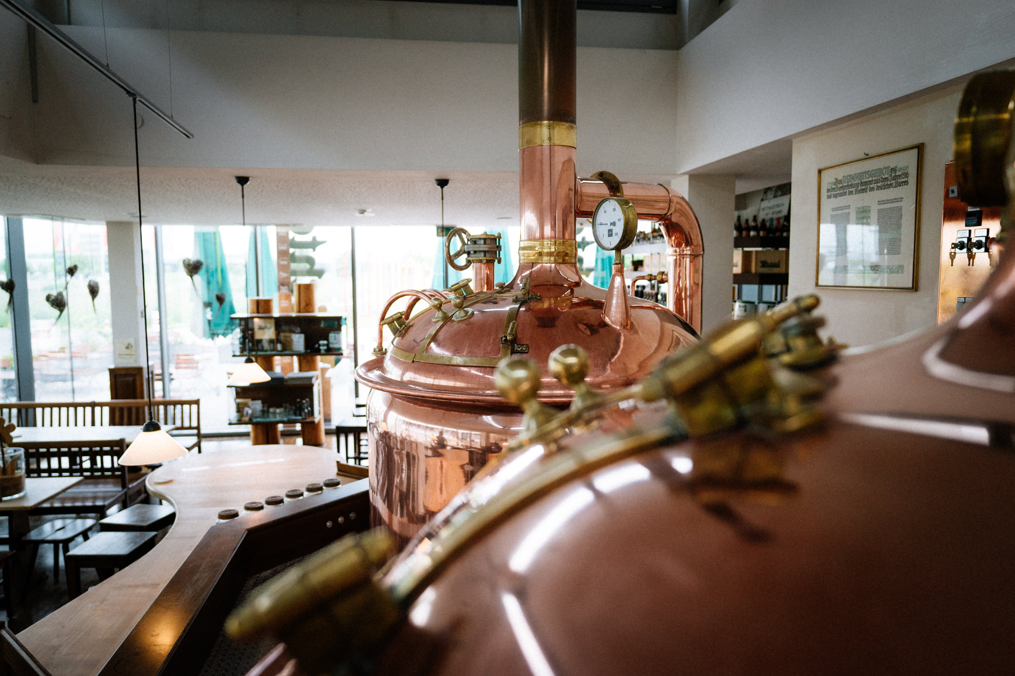 Copper brewing equipment in a bright brewery interior
