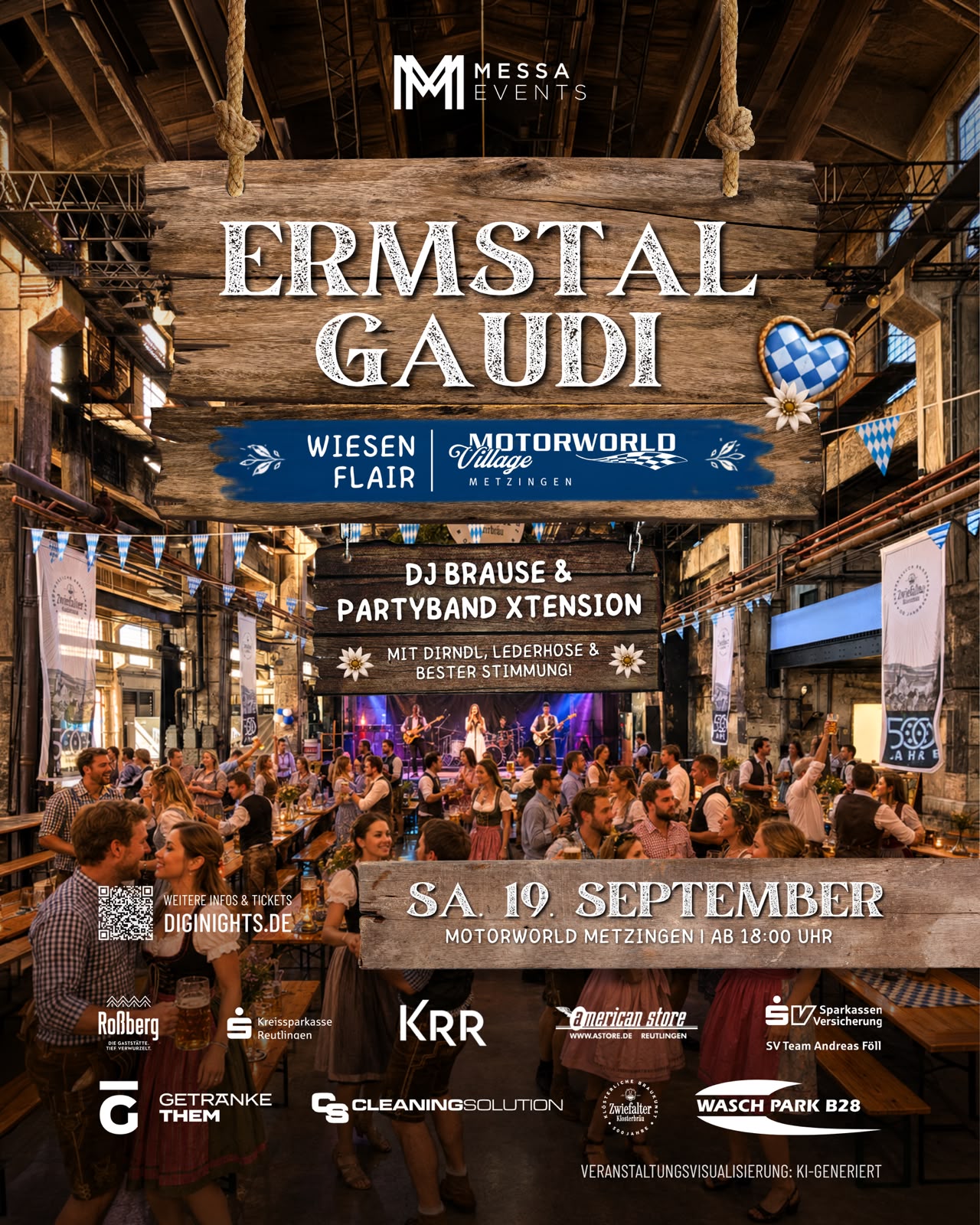 Werbeplakat für „Ermstal Gaudi“ am 19. September in der Motorworld Metzingen mit DJ und Partyband