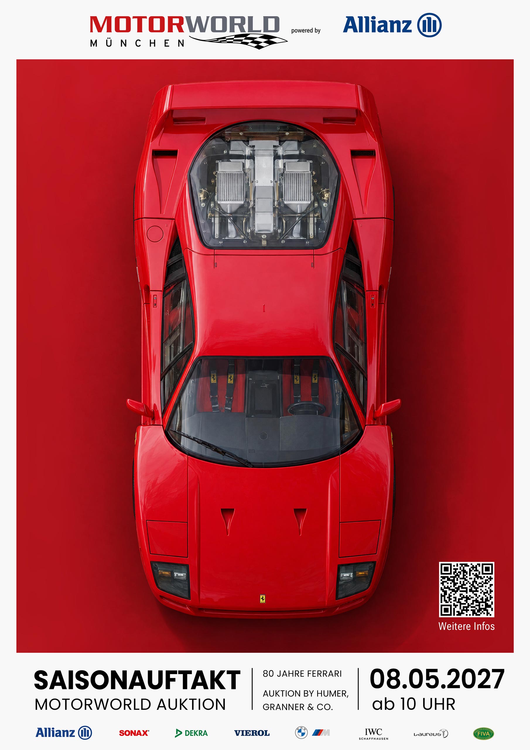 Ferrari-Poster zur Saisonauftakt-Auktion bei Motorworld München mit Datum und QR-Code