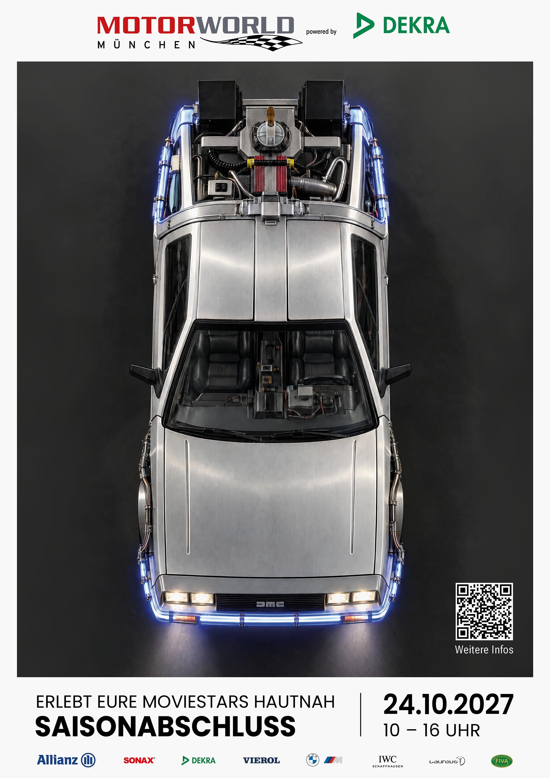 Werbeplakat zum Saisonabschluss von Motorworld München mit DeLorean, Datum 24.10.2027 und QR-Code