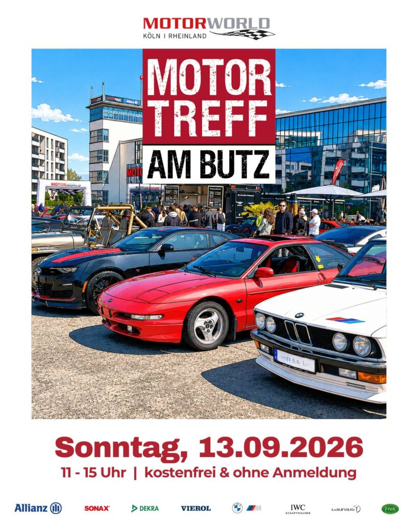Plakat für das Motor-Treffen am Butz mit vielen Autos und Datum 13.09.2026